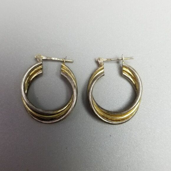 Vintage Sterling Silver Two Tone 1 Inch Hoop Earrings, 925 Italy, Estate - Picture 7 of 9